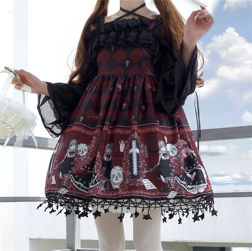 Lolita Ghost Pattern Printed Cosplay Costume for Women Gothic Jsk Ruffle Cross Decorated Retro Strap Tulle Dress Tea Party Skirt