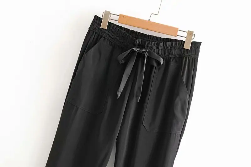 Винтажные Стильные черные штаны-шаровары с карманами для женщин модные штаны с эластичной резинкой на талии и завязками для офиса