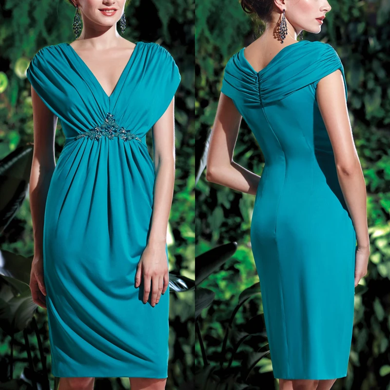 

New 2015 Knee Length Short Beaded Brides Mother Dresses for Weddings Cap Sleeve Green Chiffon Short Mother of the Bride Dresses