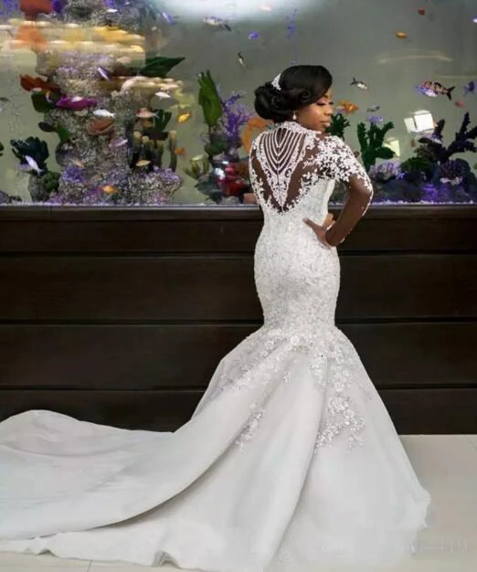 BGW Luxury High Neck Rhinestone Crystal Flowers Mermaid African Wedding Dress Long Sleeve Sexy Bride Dress Robe De Mariee