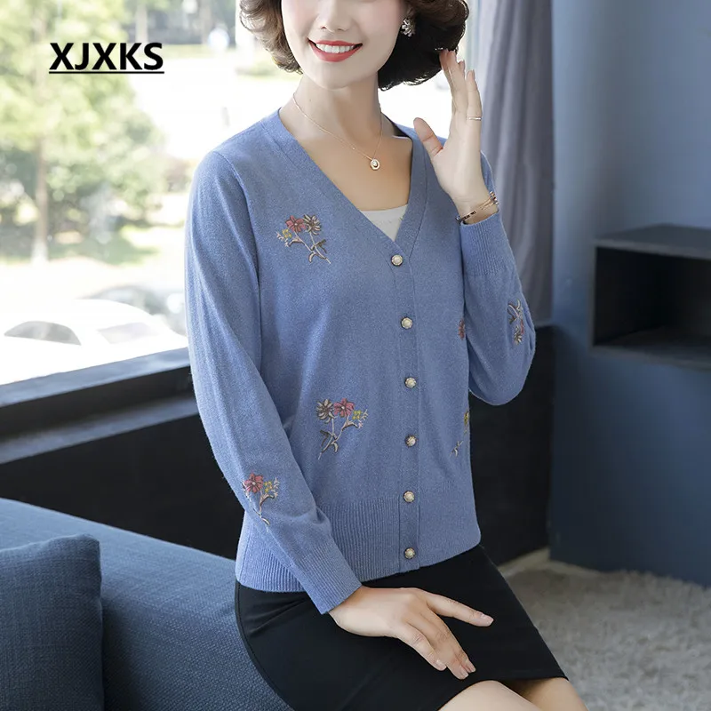 

XJXKS 2019 Autumn Thin Coat Women Cardigans Embroidery Flowers Casual Sweaters Long Sleeve Female Knitted Sweater Cardigan