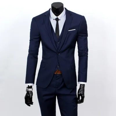 ZOGAA Men Dress Suits 5XL 4XL Business Slim Fit Wedding Groom SuitS Pure Color 3 Piece of Suits Plus Size Men Leisure Suits - Color: Navy Blue