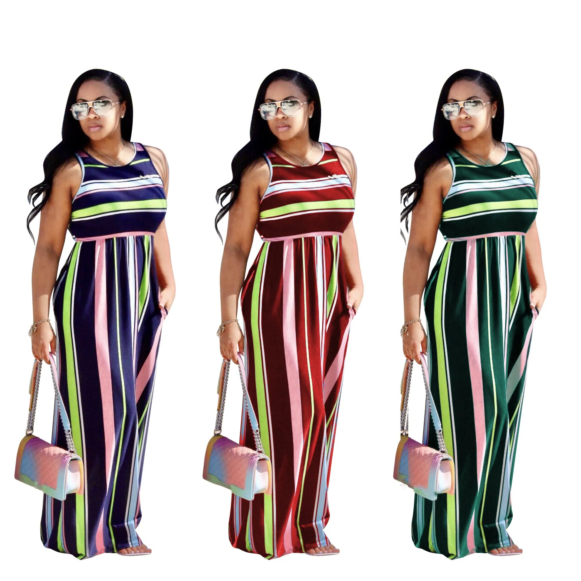 Разноцветное Полосатое платье для женщин, эластичный сексуальный сарафан, повседневное Свободное длинное красное платье
