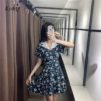 

Elegant Boho A-line Mini Dresses 2020 Summer Women Sweet Daisy Print Short-sleeved High Waist Lapel Collar Party Dress Clothes