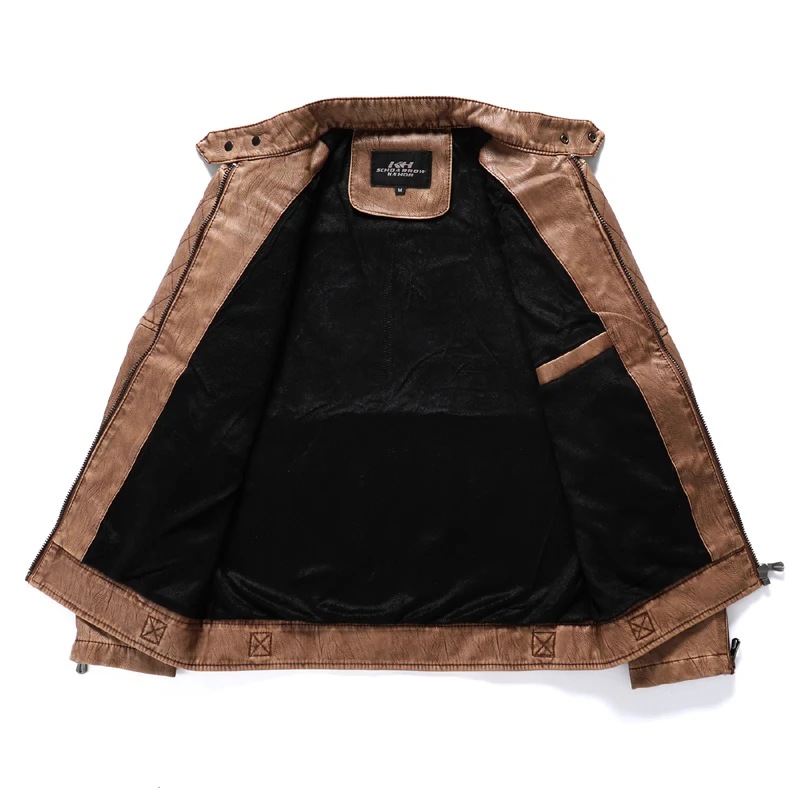 Мужская кожаная куртка повседневная однотонная ветровка на молнии с воротником