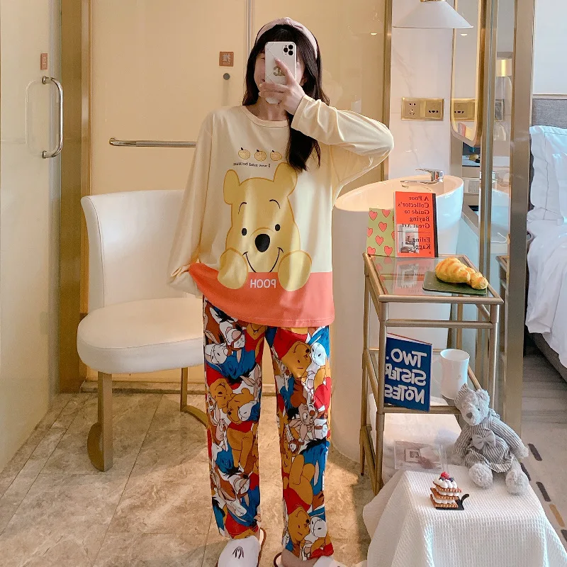 Pajam Cartoon Mickey Minnie Duck Tigger Pajamas Women Spring Autumn Long Sleeve Student Cute Loose Pajamas 2pcs Suit 3