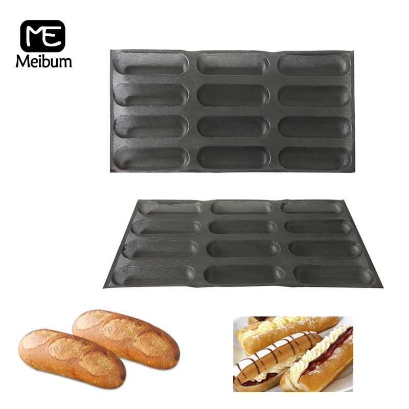 Black Porous 12 Cavity Silicone Mold Hot Dog Baguette Eclair Bun Long Loaf Bread Mould Non Stick Bakeware Baking Tray | Дом и сад