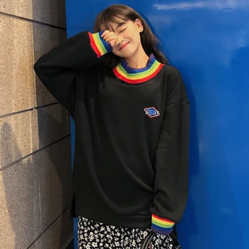 

Rainbow Collar Sweatshirt Women Hoodies Harajuku Clothes Pullover Korean Plus Size Cotton Casual Streetwear Outwear Thicken V900