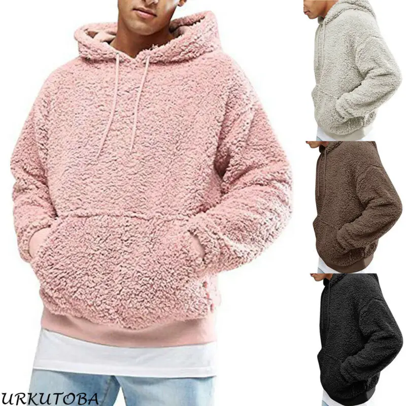 Мужской модный теплый Пушистый пуловер с капюшоном, флисовая толстовка, повседневное однотонное пальто с капюшоном, джемпер на осень и зиму