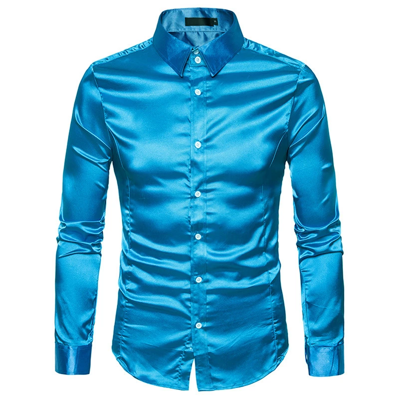 Camisas de vestir de satén para hombre, camisa de manga larga similar a la seda, para boda, novio, para baile de graduación, camisa con botón debajo del cuello