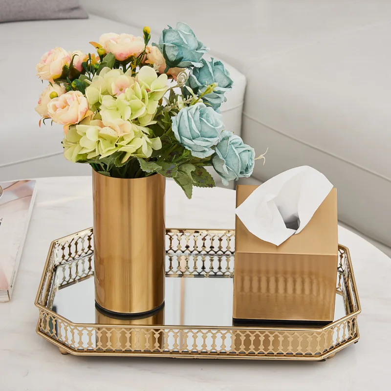 

Rectangle Metal Storage Tray Vintage European Mirror Glass Gold Fruit Plate Desktop Small Items Jewelry Display Tray Plate
