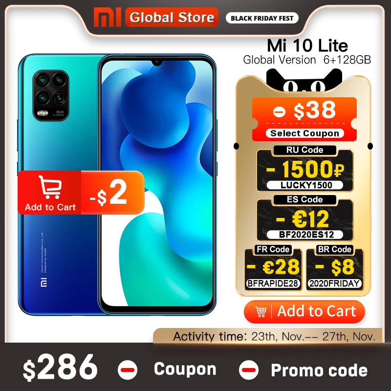 In Stock Global Version Xiaomi Mi 10 Lite 5G 6GB 128GB Smartphone Octa Core Snapdragon 765G 48MP AI Quad Cameras 6.57