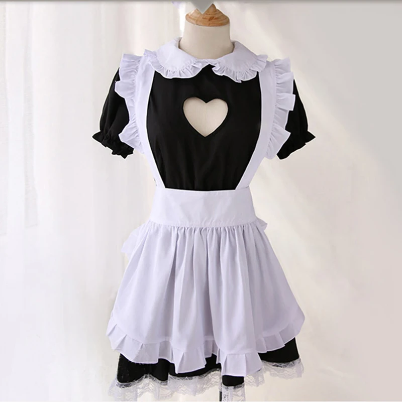 Lovely Maid Dress Anime Black White Apron Dress Girl Lolita Heart Hollowed Dresses Cafe Cosplay Costume Горничная Mucama