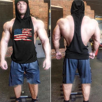 

Men's Fitness Bodybuilding Workout Vintage American Flag Print Hoodies Tank Top Cotton Sleeveless Hoodies Sweatshirts