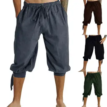 

Casual Men Solid Color Elastic Waist Drawstring Ankle Band Loose Cropped Pants