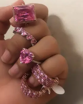 

Romantic pink pinky Crystal full CZ Two-layer Luxury rings for women Bridal 2020 summer fashion Engagement Wedding Band jewelry