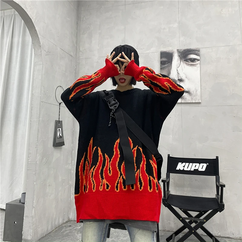 Gagaok Loose Harajuku Women Sweater Knit Top Spring Autumn Flame Sweaters Female Fashion Long Outfit Pullovers Plus Size