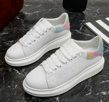 

White Chunky Sneakers Women Split Leather Low-Heel Flat Platform Ladies Lace-Up Fashion White Shoes Women