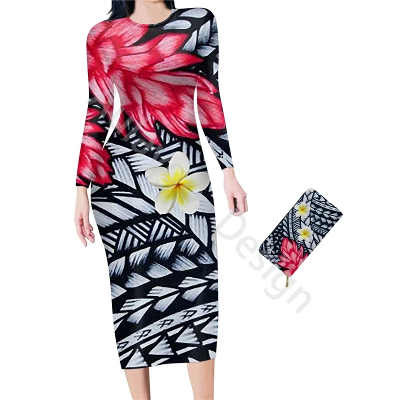 

Samoa Plumeria Hibiscuses Prnt Plus Size Club Wear 2021 New Casual Long Sleeve Dress Large Size 3XL Party Bodycon Dress Robe