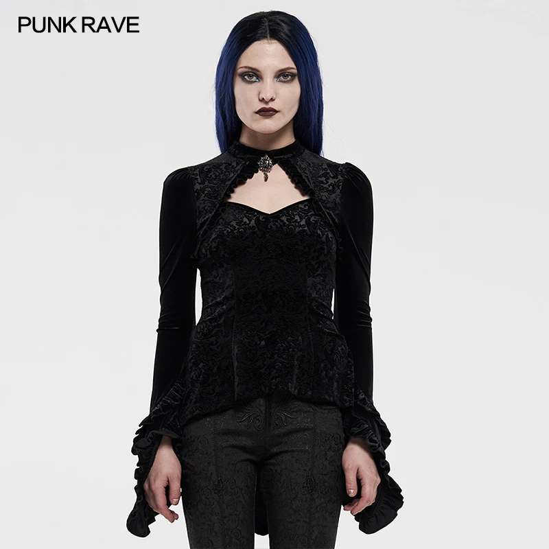 PUNK RAVE Women's Gothic Velvet Shadow Flower T