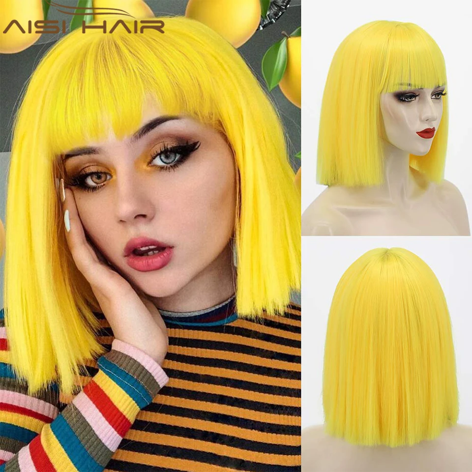 Obtenga esto Pelo AISI sintético recto corto peluca con flequillo para las mujeres amarillo azul Rosa Bob pelucas de Cosplay parte uso diario kjQlM8GGjYG