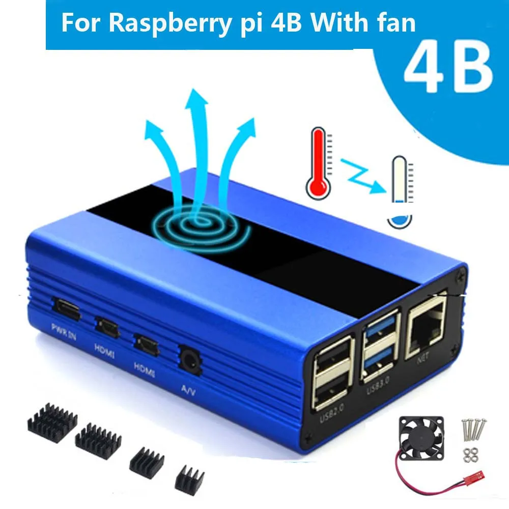 Новинка Raspberry Pi 4 Модель B алюминиевый корпус+ вентилятор охлаждения+ радиатор для Raspberry pi 4B - Цвет: Синий