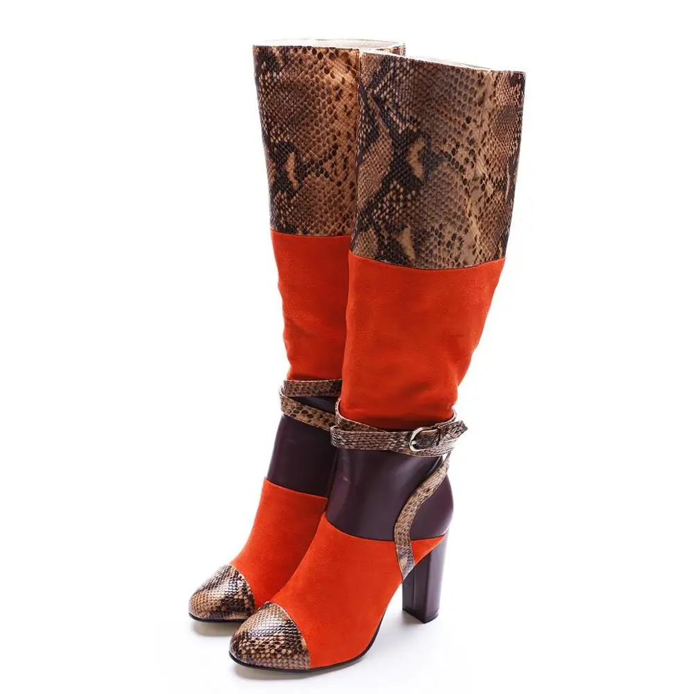 Knee Faux Suede Winter High Heel Long Boots Chunky Sexy Mixed Color Snake Red Buckle Zipper Patchwork Shoes Booties 2020 | Обувь