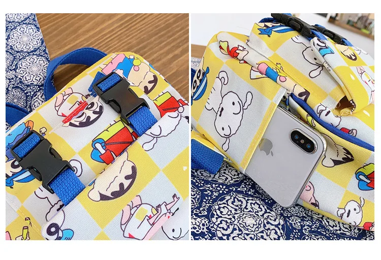 Милый рюкзак в клетку с принтом из мультфильма «Crayon Shin-chan» для студентов, Chibi Maruko-chan, Повседневная наплечная сумка, рюкзак