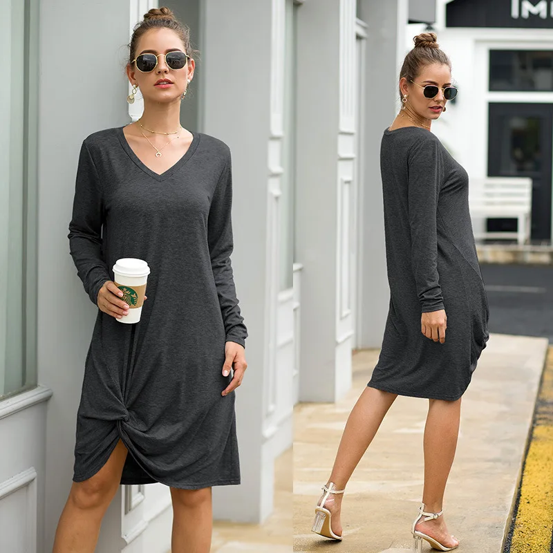 Женские осенние платья свободного кроя с длинным рукавом v образным вырезом