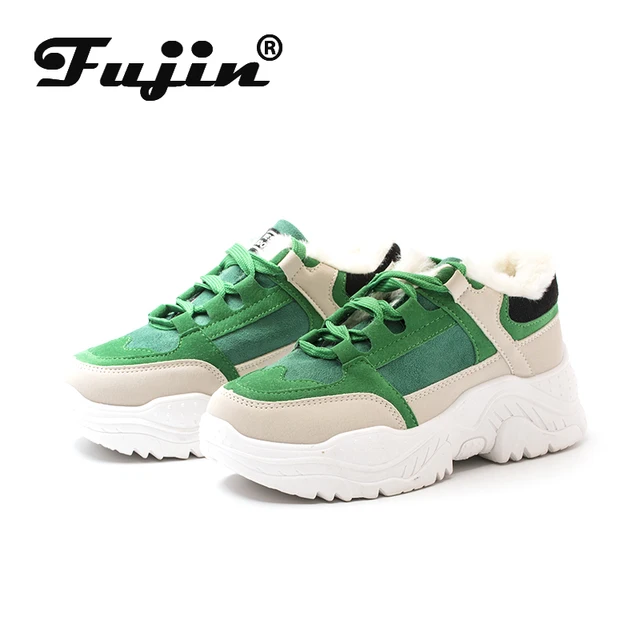US $14.04 Fujin platform shoes women green blue plush warm fur women casual shoes lace up thick breathable wo