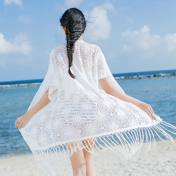 

Korean New Summer Sexy Bikini Beach Dress White Lace Top Bathing Suit Women Plus Size Mesh Transparent Cover Up Crochet Swimwear