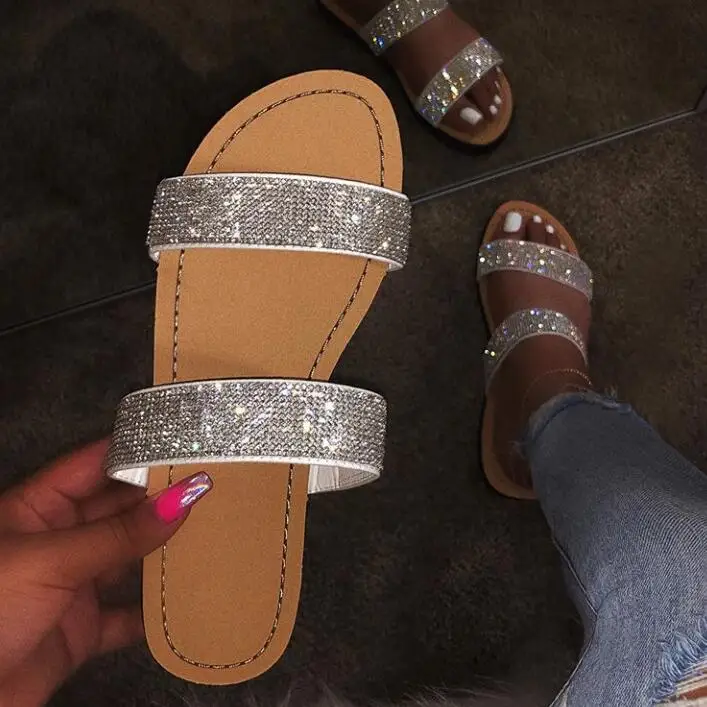

Dimond Women Slippers Summer Crystal Hollow Flat Slide Ladies Open Toe Comfort Slip On Outdoor Beach Sandals Woman Shoes Fashion