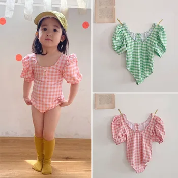 

EnkeliBB Korean Style Kids Girls Plaid Pattern Swimming Wear Children Girls Cute Swimsuit Toddler Girl Summer Beath Clothing