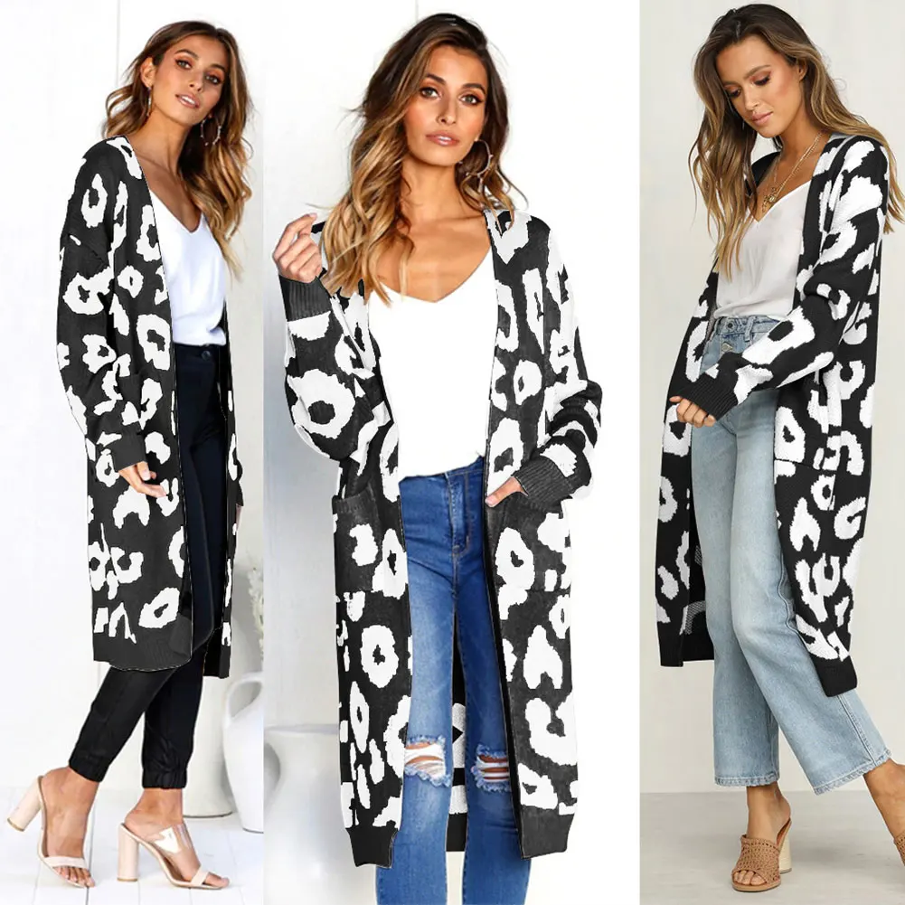 Leopard Print Knee Length Warm Loose Knitted Outwear Fashion Pocket Long Sleeve Casual Soft Polyester Women Sweater Cardigans - Цвет: Черный