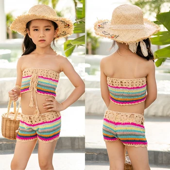 

Kids Swimwear Crochet Bikinis Set Girls Bathing Swimsuit 2 Pieces Female Split Children Swimwear Girls Bikini