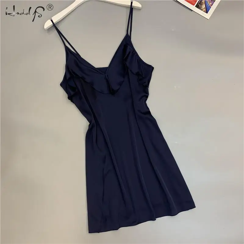 Navy blue Женские сексуальные сорочки без рукавов с рюшами, ночные рубашки, Мягкие Рубашки для сна, ночные рубашки, женские шелковые атласные ночные рубашки - Цвет: Navy blue