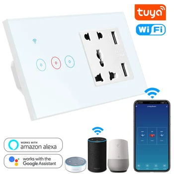 

Tuya Smart Universal Socket with USB pulg & Touch Switch Wifi 3 Gang wireless LED Light Wall Switch Compatible Alexa Google Home