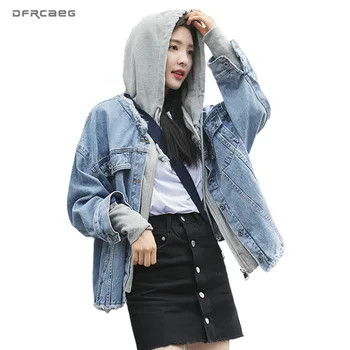 

Patchwork Hooded Denim Jackets For Women 2020 Autumn Long Sleeve Loose Vintage BF Coat Streetwear Jeans Jacket Outwear