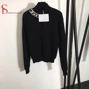

High End Autumn and Autumn Women Metal Chain Stitching Chest Sexy Hollow Stand Collar Long-sleeved Sweater Knit Tops