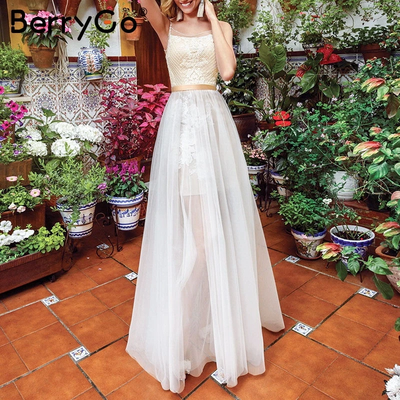 

BerryGo Sexy lace embroidery long party dress women Elegant straps high waist dresses Mesh sleeveless autumn ladies white dress