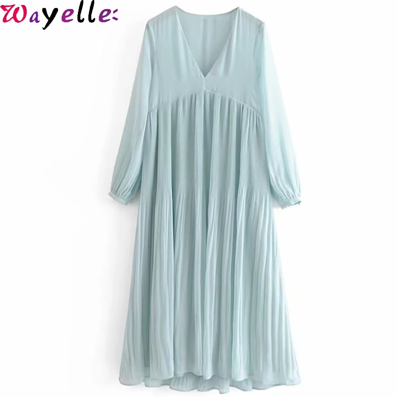 

Elegant Women Party Dress Solid Flowy Pleated Lady Maxi Dress Long Sleeve Sexy V Neck High Waist Female Chiffon Long Dress