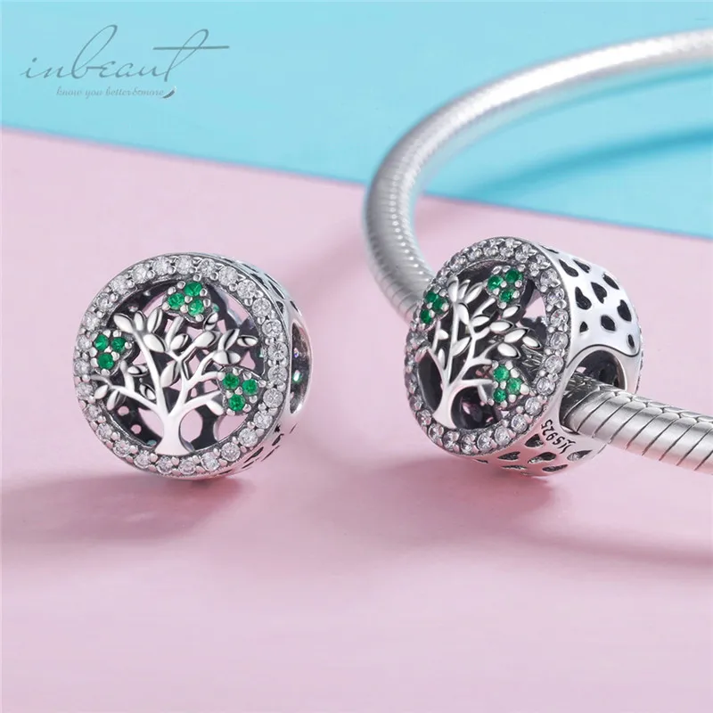 S925 серебро fit Pandora браслет Зеленые Бусины с изображением дерева 925 Циркон Большие европейские деревянные украшения для цепи браслеты Ювелирное Украшение ручной работы