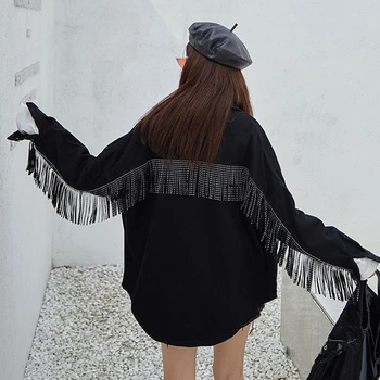 

New Heavy Fringed Long Sleeve Black Denim Jacket Women's Loose BF Jeans Coat Female Loose Black Shirts Coat Spring 2020 NZY79