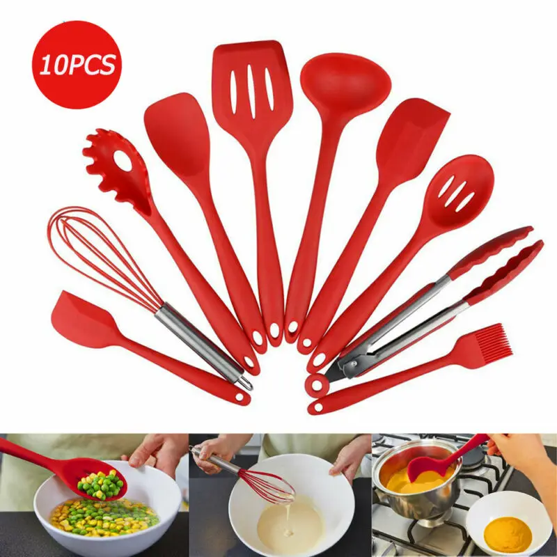 

10 Pcs Silicone Heat Resistant Kitchen Cooking Utensils Set Non-Stick Spoon Baking Tools