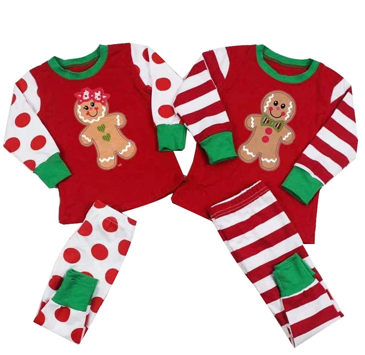 

2019 new design baby girls embroidery gingerbread pattern USA Christmas winter pajamas 7-8 year old children clothing set