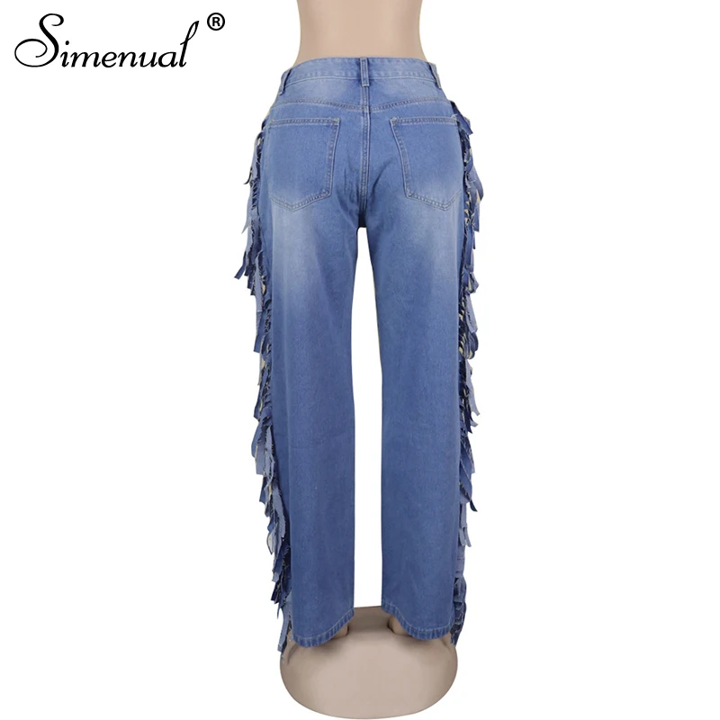 Simenual, Ретро стиль, мода, женские джинсы с высокой талией, повседневные, с кисточками, прямые, джинсовые штаны, уличная одежда, свободные, Осенние, длинные брюки