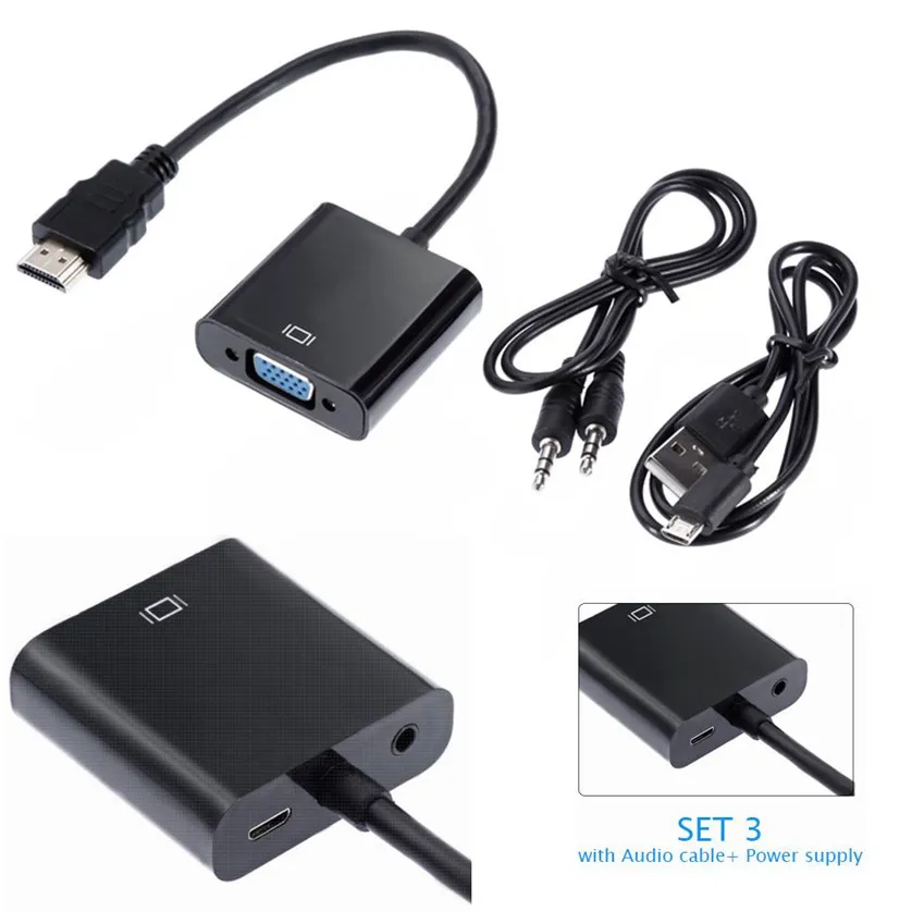 With audio and power HDMI в VGA адаптер конвертер HDMI кабель Поддержка Full HD 1080P HDTV HDMI штекер в VGA Женский для ПК ноутбука 500 шт./лот - Цвет: With audio and power