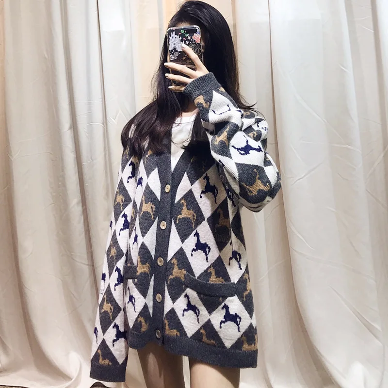 Jacquard V-neck Knitted Cardigan Sweater High Quality Women Sweater V-Neck Cardigans Women Sweaters