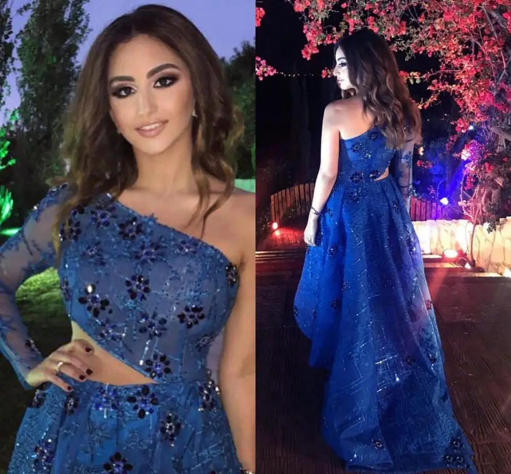 

High Low Navy Prom Dresses One Shoulder Full Sleeves Evening Dress Beads Crystals Cutaway Sides Party Wear вечернее платье