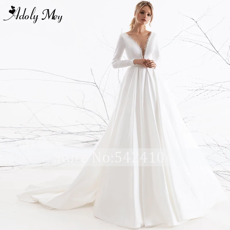 Adoly Mey Luxury Scoop Neck Pearls Beading Bride A-Line Wedding Dress Elegant Long Sleeve Court Train Satin Vintage Bridal Gown affordable wedding dresses
